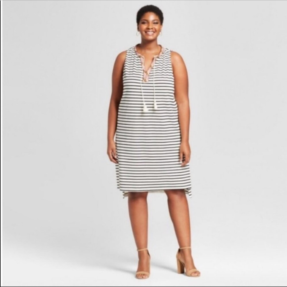 AVA & VIV STRIPED TANK DRESS SOITHWESTERN TRIM AT NECK WITH TASSLE TIE 3X